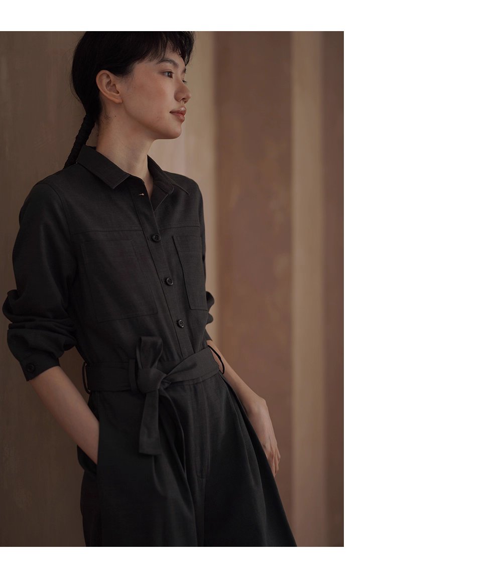 酷颯都市工裝寬鬆襯衫領闊腿顯瘦萊賽爾棉通勤連身褲