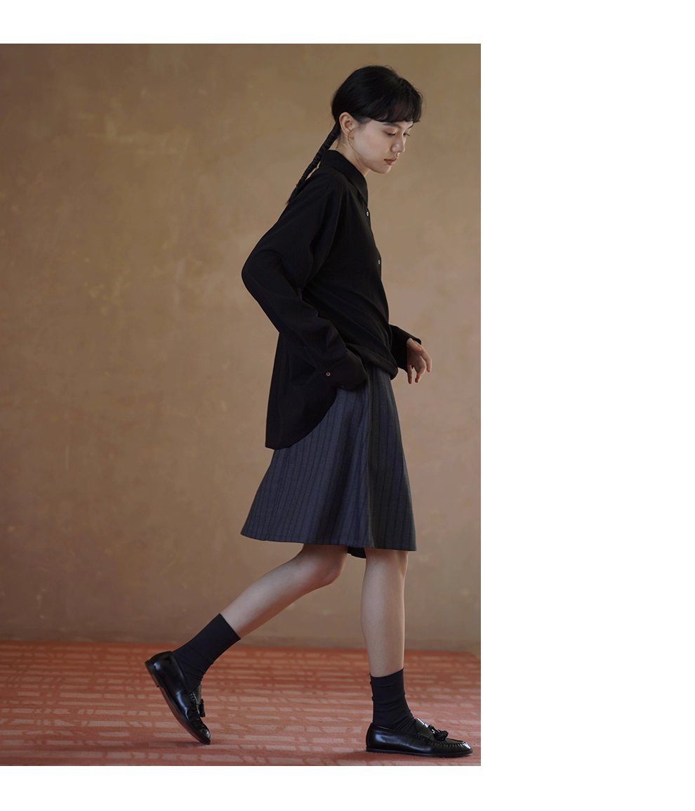 品質暗條紋肌理感斜門襟中長百褶高腰顯瘦學院風半身裙