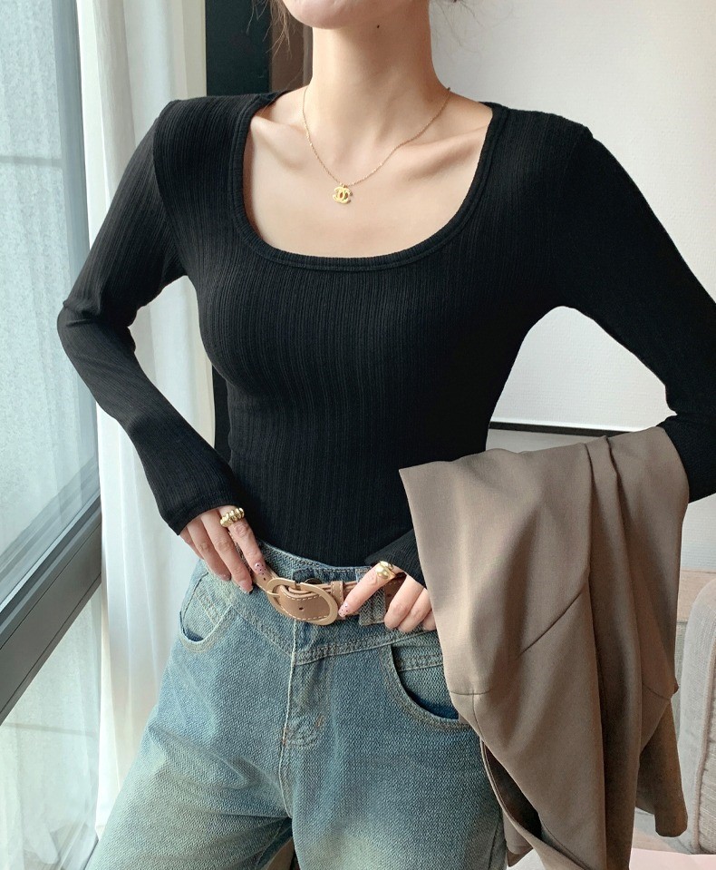 U領打底衫秋季內搭外穿坑條顯瘦高級感上衣