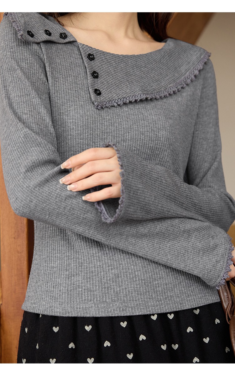 中大尺碼胖mm灰色針織衫女新款長袖斜領上衣