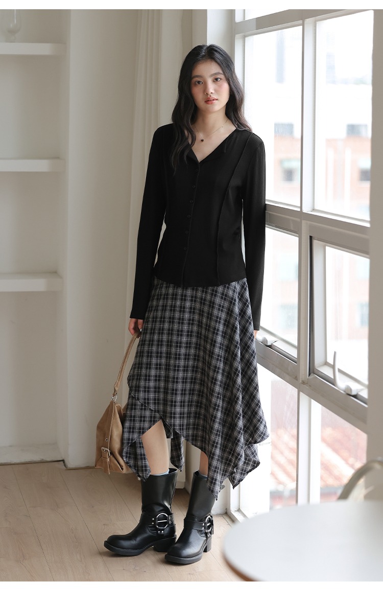 大尺碼胖mm長袖T恤全新款黑色半開領收腰上衣