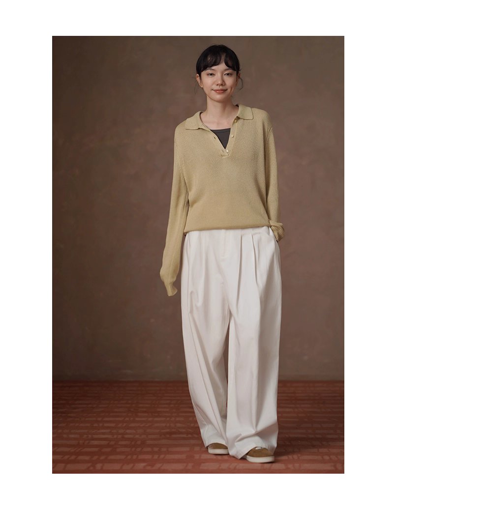 溫和薑茶亞麻鬆弛寬鬆復古顯瘦Polo領針織落肩通勤上衣