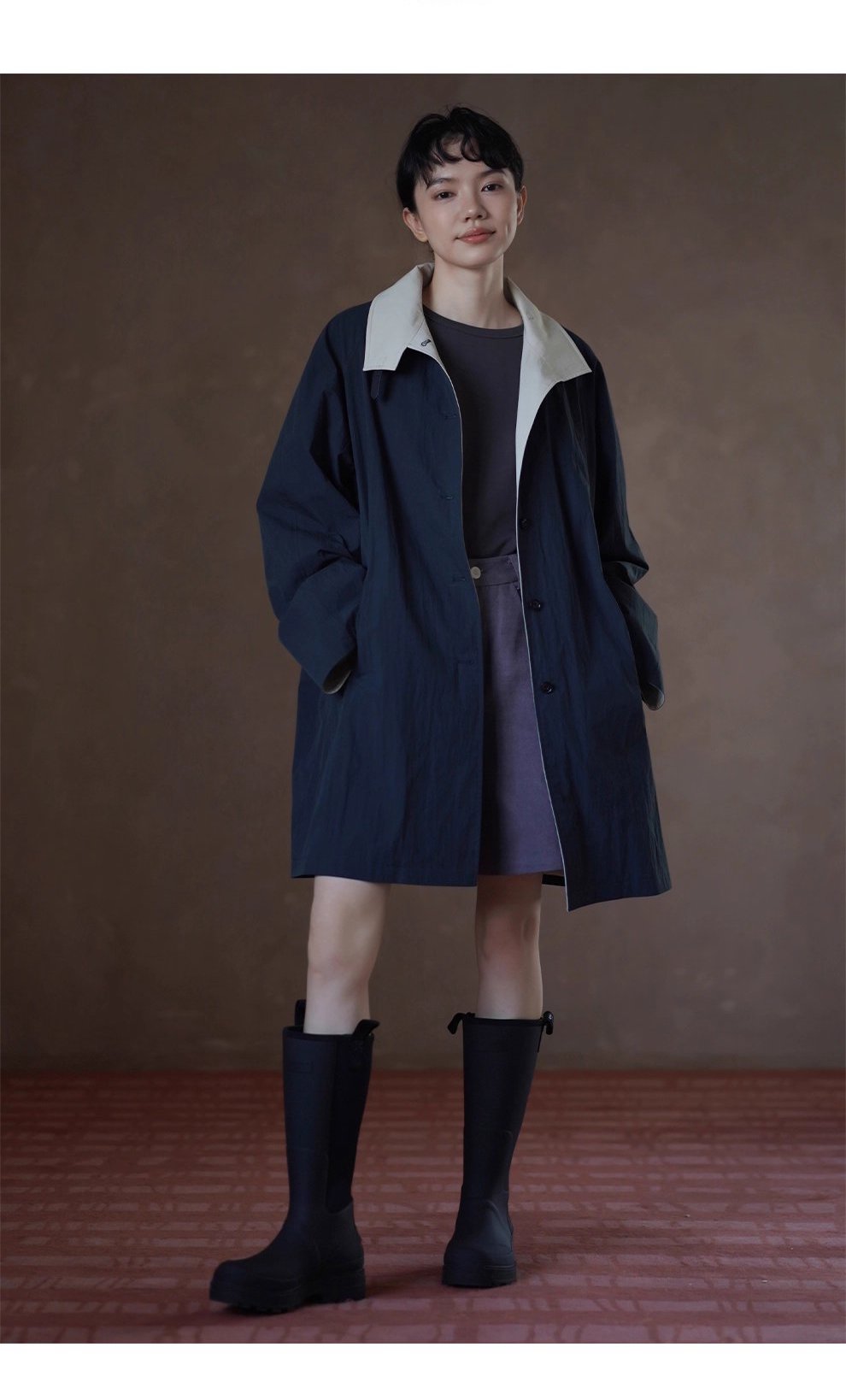 細節滿滿原創外套撞色拼接立領皮袢中長款寬鬆顯瘦風衣