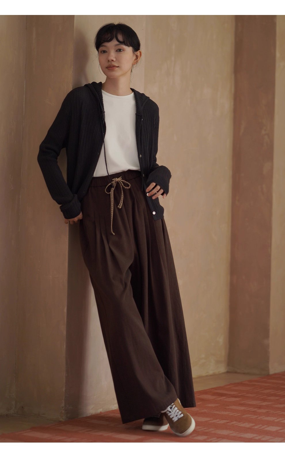 48支超細美利奴羊毛混紡顯瘦坑條織法寬鬆連帽針織開襟衫