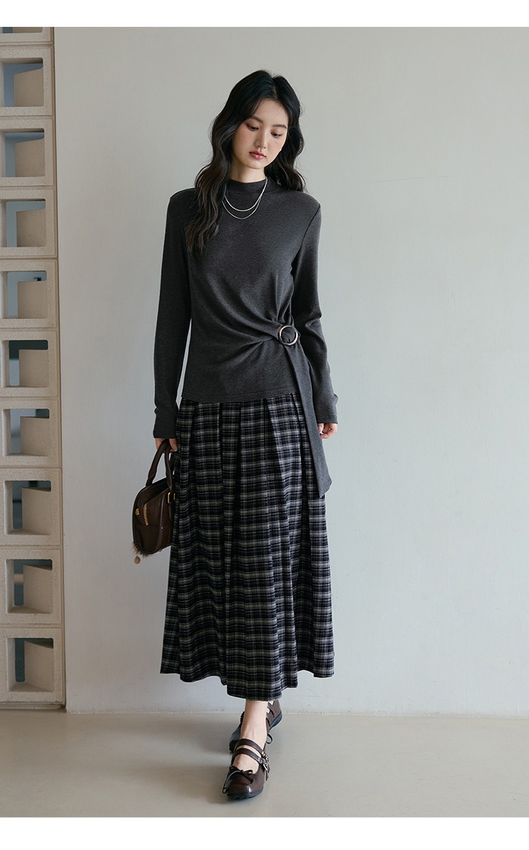 中大尺碼長袖T恤女飄帶上衣半高領打底衫上衣