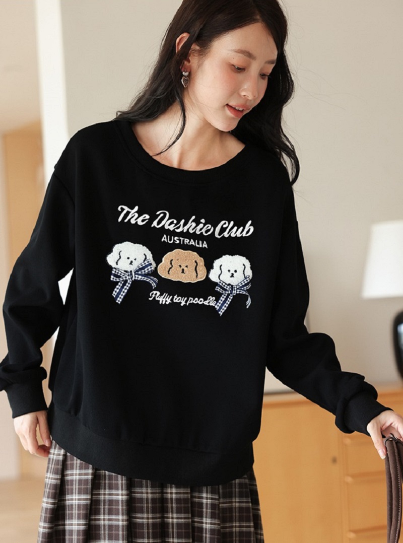 中大尺碼小狗刺繡刷絨大學T衛衣