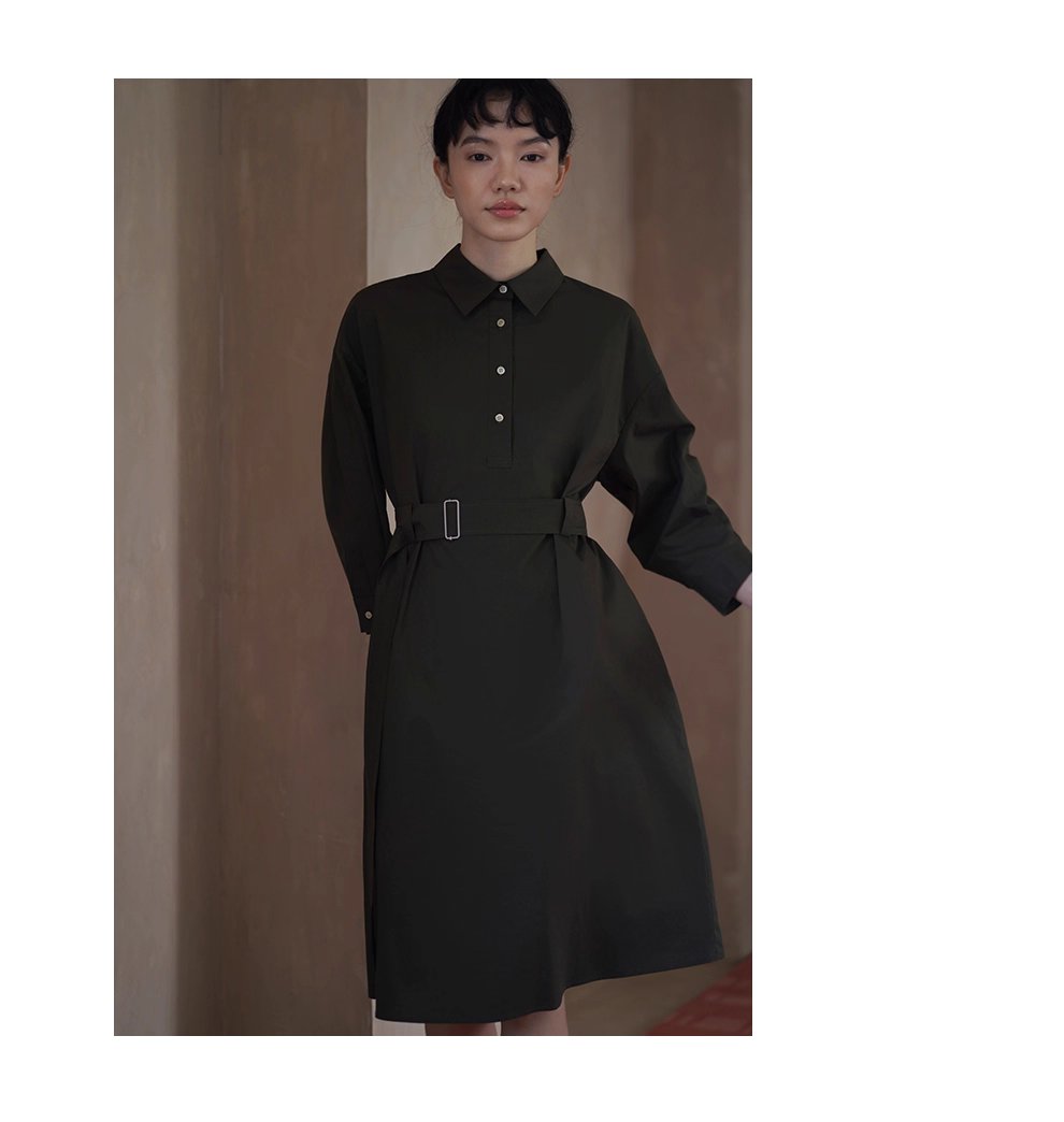 都會松柏水洗柔軟100棉隨性通勤寬鬆顯瘦腰帶襯衫洋裝