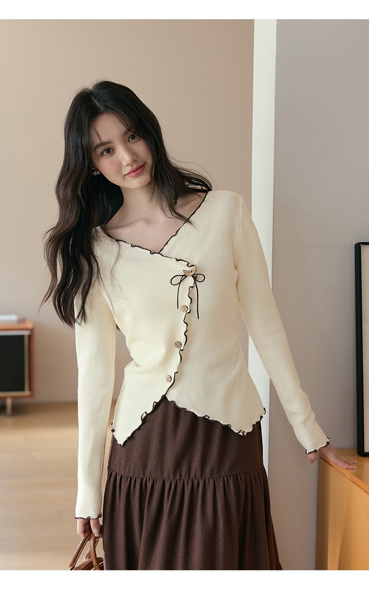 中大尺碼撞色木耳滾邊V領針織衫長袖上衣