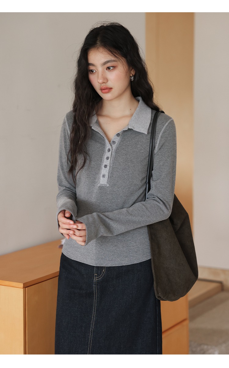 大尺碼正肩Polo領子長袖T恤女灰色上衣