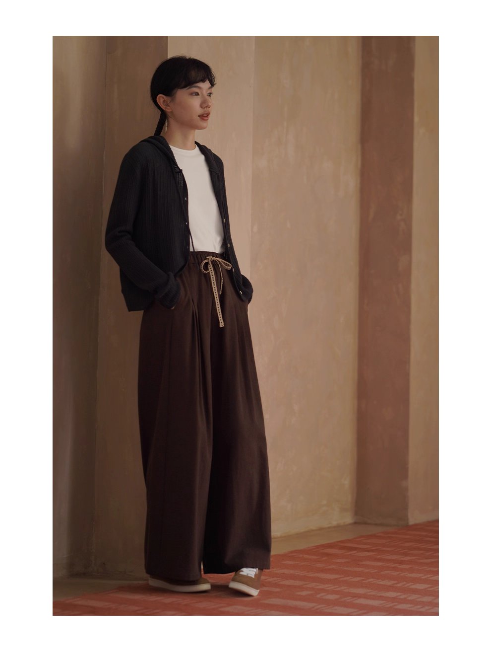 榛果拿鐵長褲顯瘦輪廓柔軟寬鬆織帶抽繩高腰遮肉闊腿褲