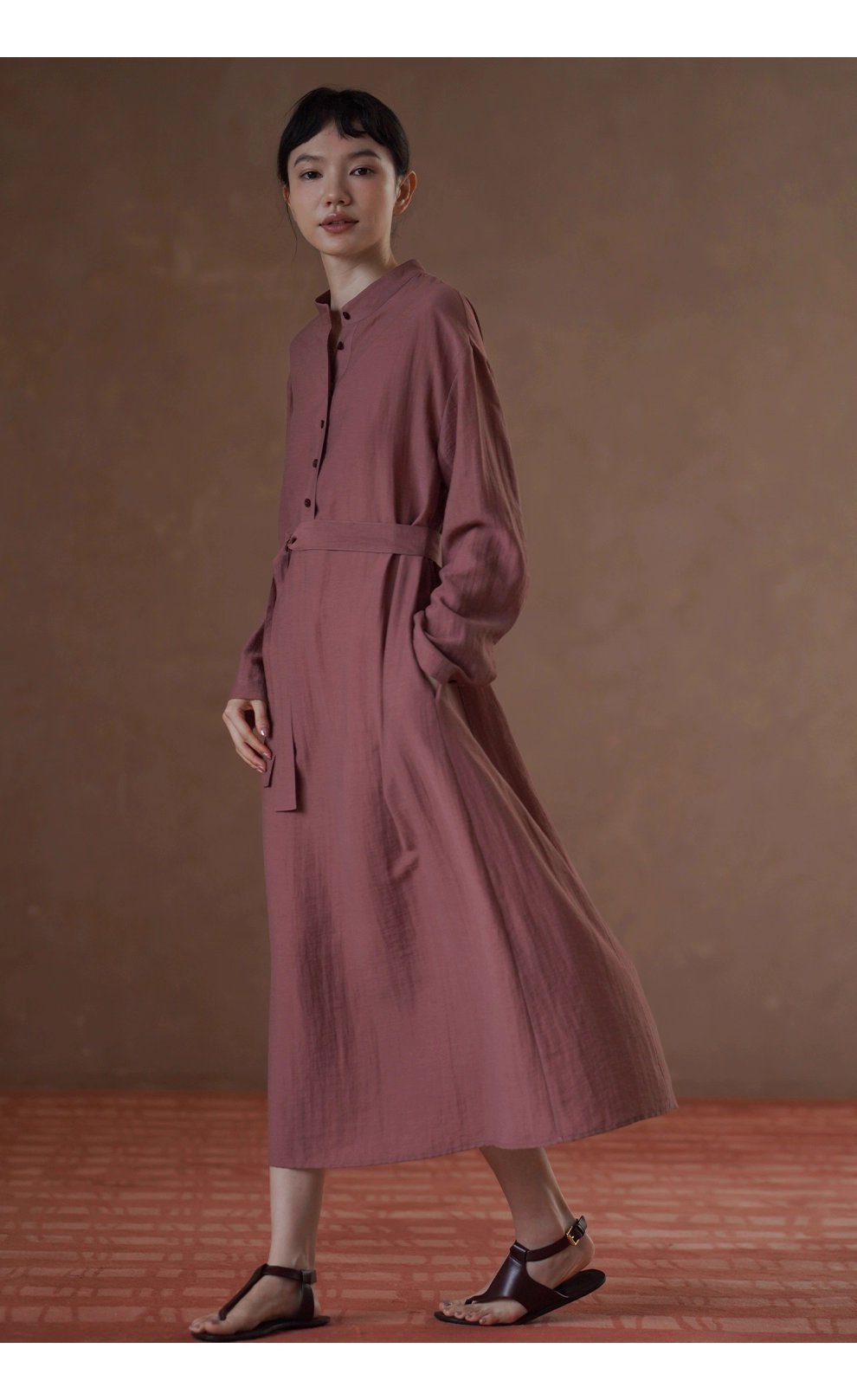 清雅芍藥顯白亞麻混紡透氣挺括顯瘦寬鬆立領襯衫洋裝