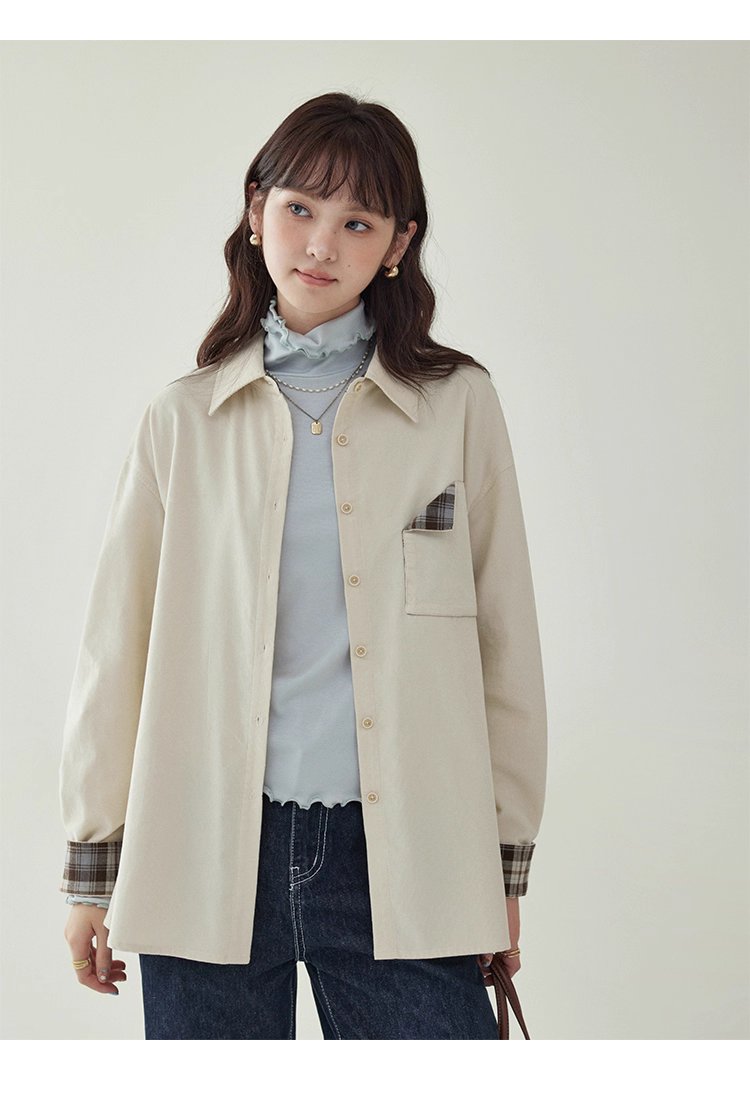 撞色格紋燈芯絨長袖襯衫女秋季新款翻領外套上衣