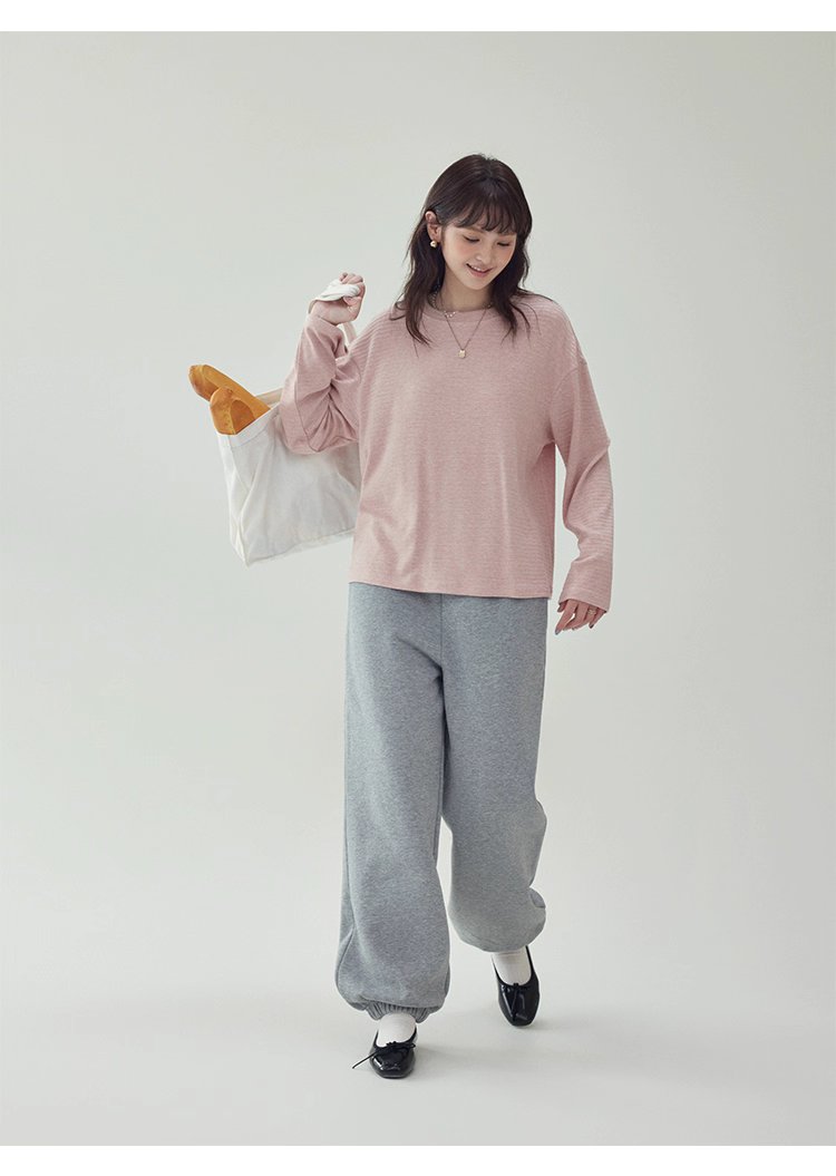 韓系藍線圓領長袖T恤女秋季新款簡約寬鬆上衣