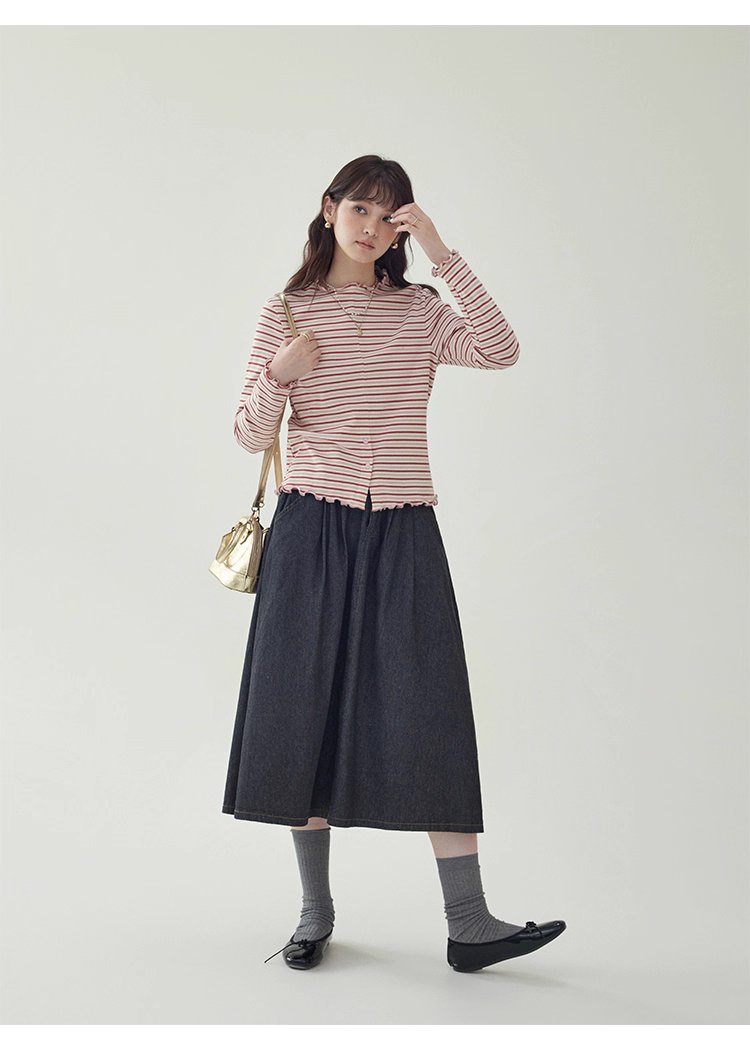 下擺扣條紋兩穿內搭T恤女秋新款花邊長袖上衣