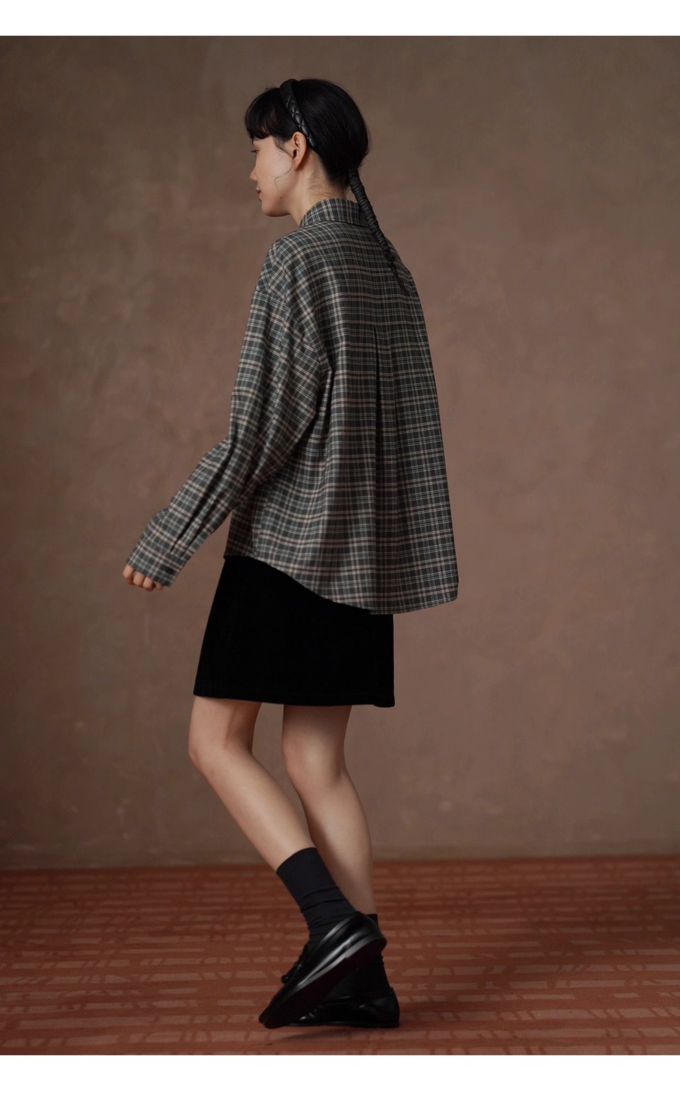 馬德拉斯復古格紋襯衫落肩寬鬆英倫疊穿學院翻領上衣女