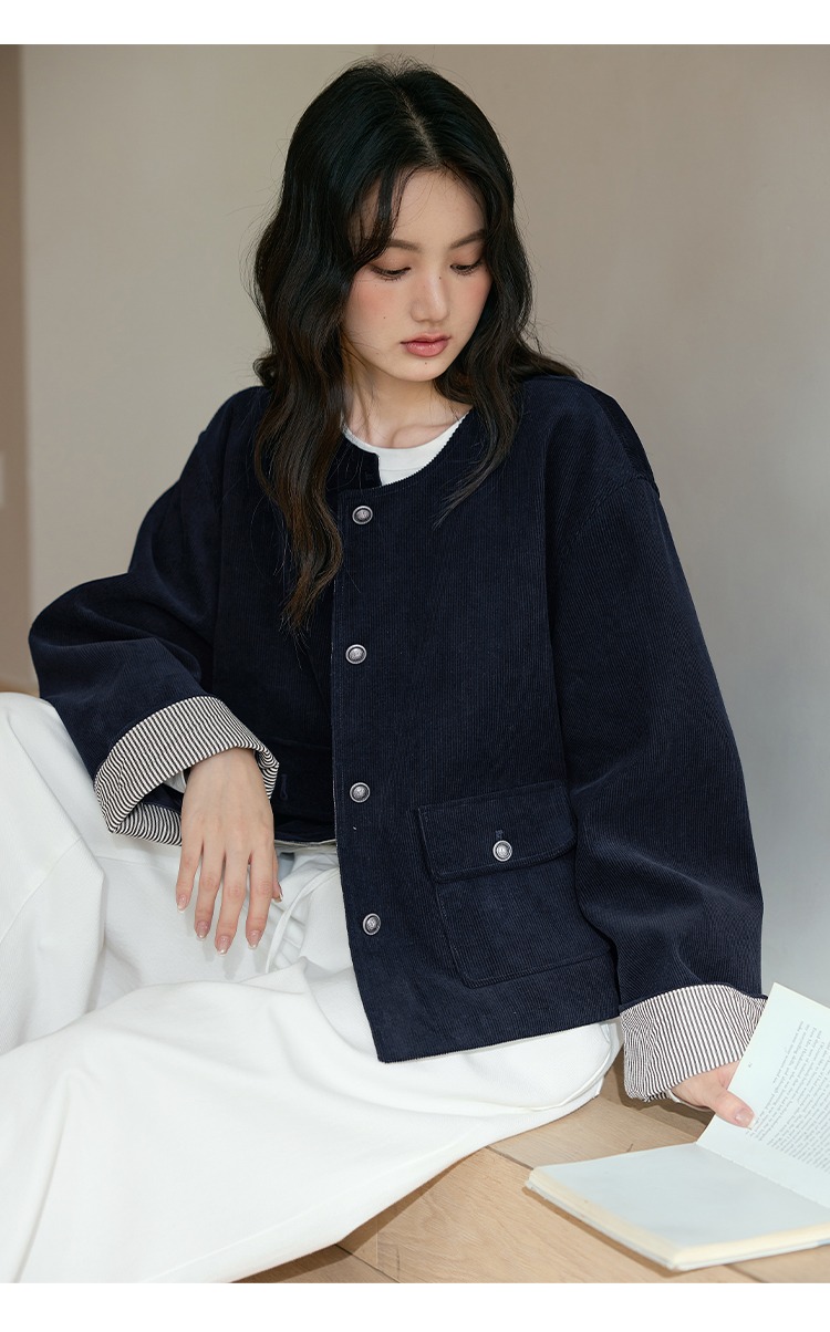 胖mm大尺碼燈芯絨外套韓系穿搭深藍色開衫外套