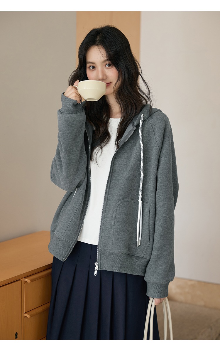 大尺碼連帽刷絨外套寬鬆上拉鍊長袖外套