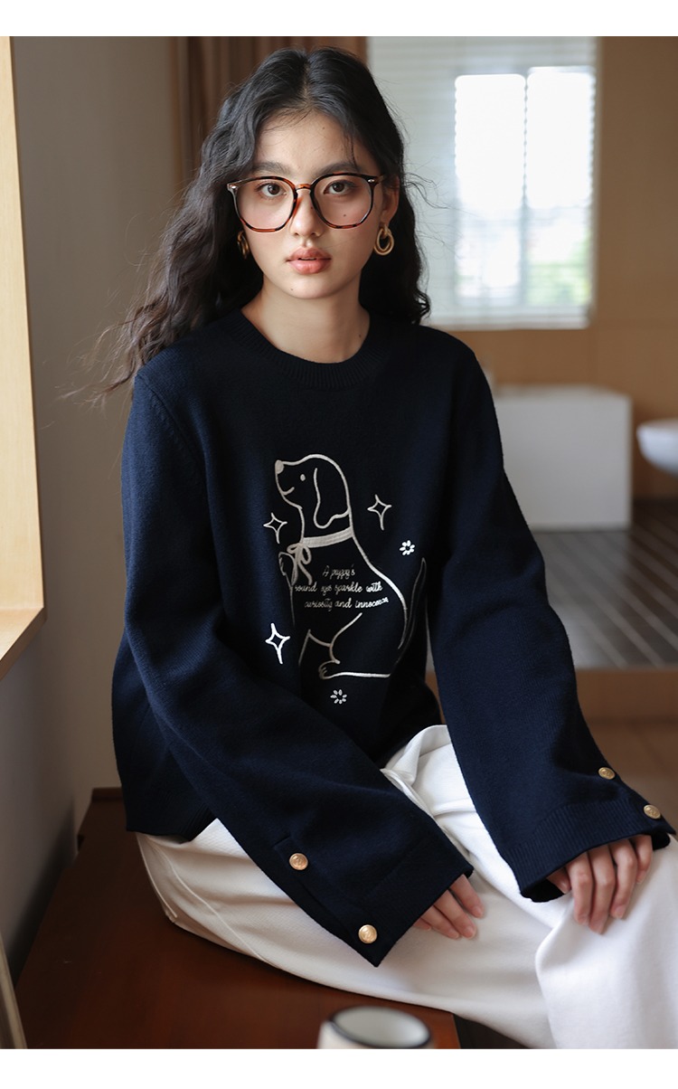 大尺碼小狗刺繡毛衣慵懶針織衫秋冬寬鬆上衣
