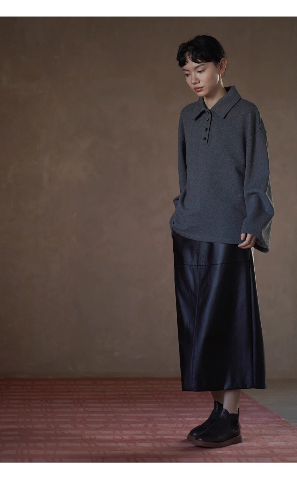 復古經典休閒碰撞Polo領寬鬆顯瘦100棉做舊花灰落肩衛衣