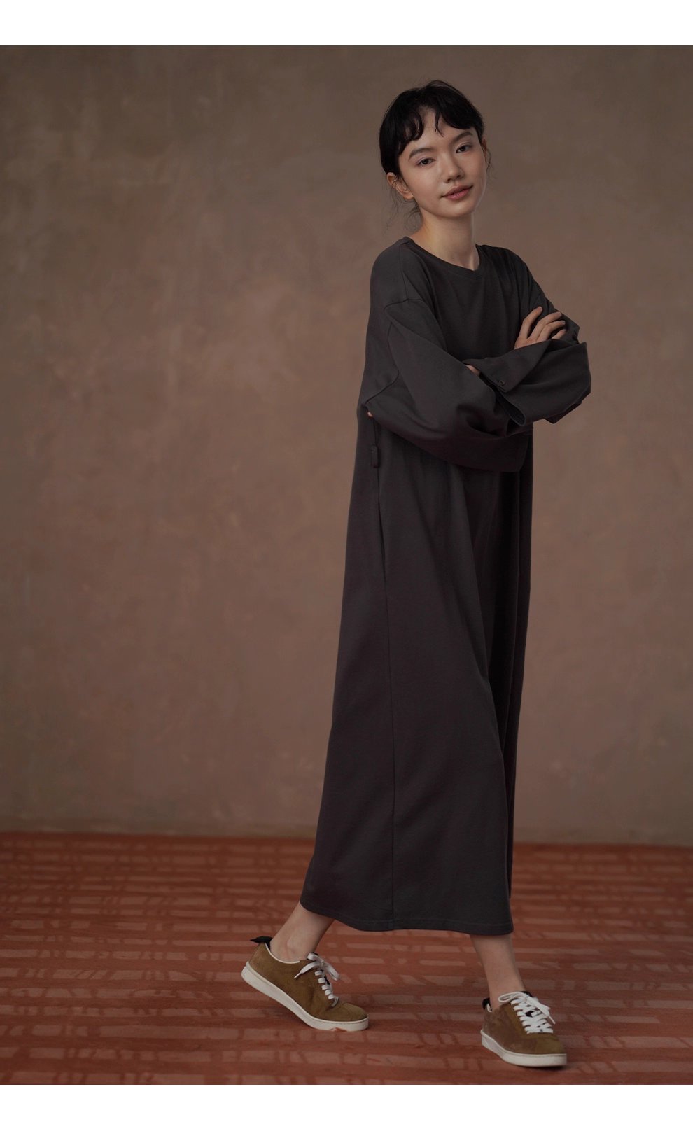 綿柔禪意100棉寬鬆直筒圓領可調式腰帶顯瘦藏肉通勤裙子