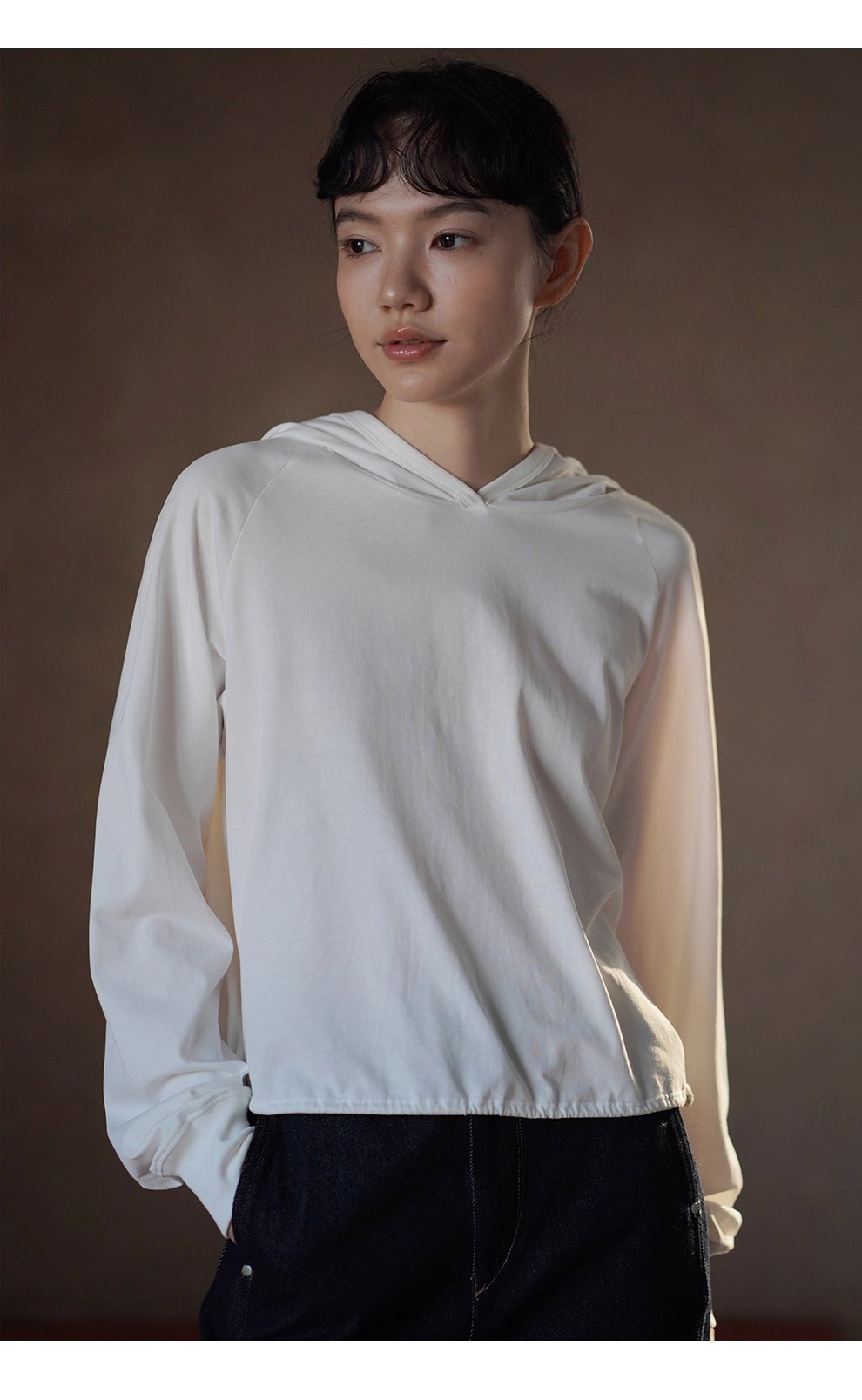 100棉垂軟寬鬆顯瘦連帽休閒長袖上衣可調整下擺T恤內搭
