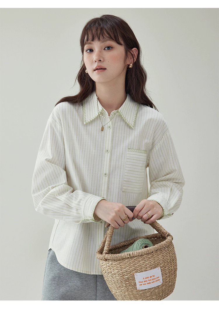 反線條單排扣長袖襯衫女秋季新款polo領寬鬆上衣