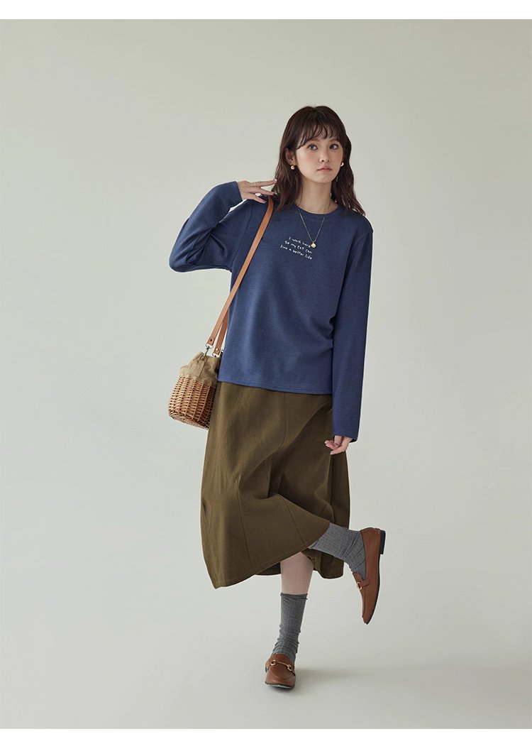 日系刺繡圓領雙面絨長袖T恤女秋季新款百搭上衣