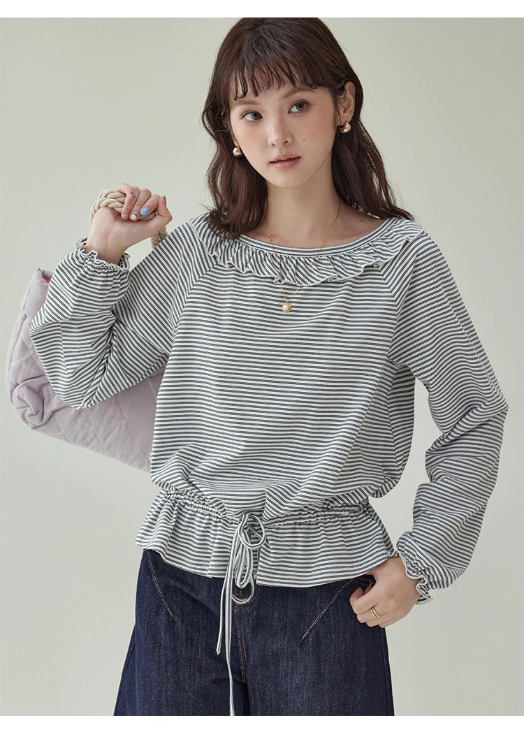 小眾抽繩下擺條紋花邊T恤女秋新款寬鬆長袖上衣