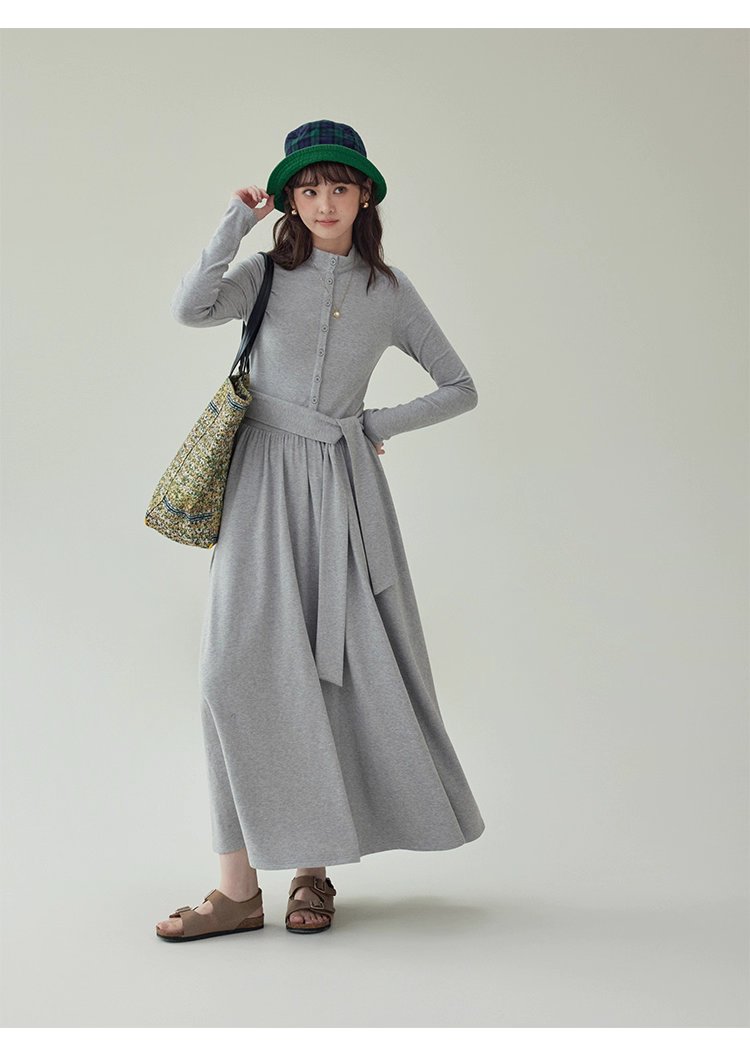 灰色修身高腰綁帶洋裝女秋新款長袖收腰T恤裙