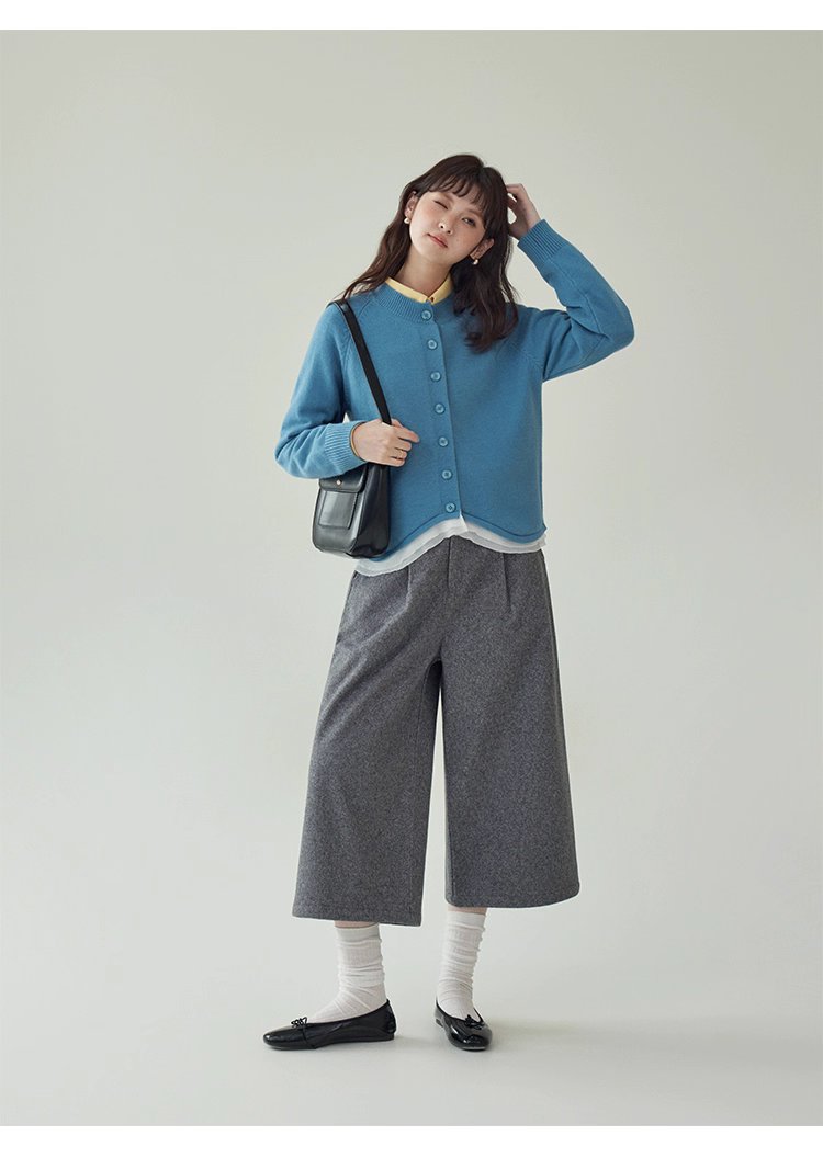 拼接蕾絲下擺藍色針織衫女秋季新款紐帶長袖上衣