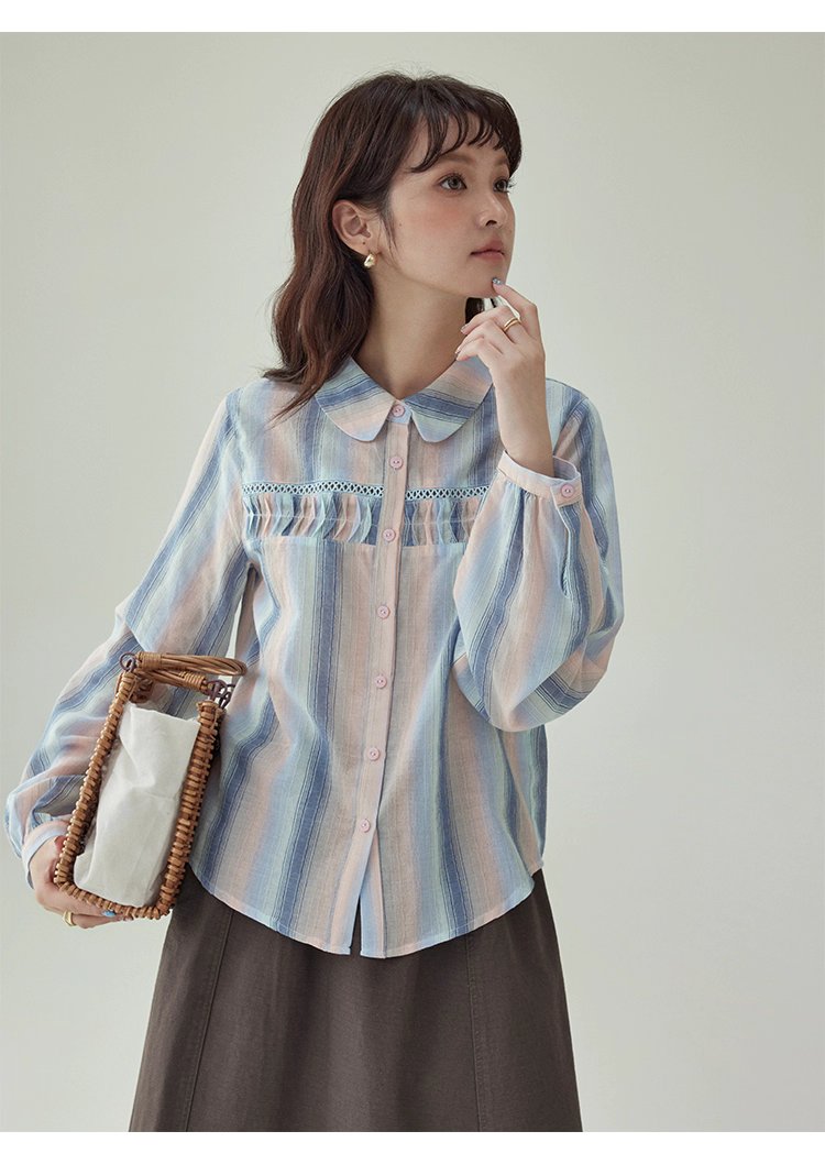 少女感鏤空拼接條紋襯衫女秋季新款純棉長袖上衣