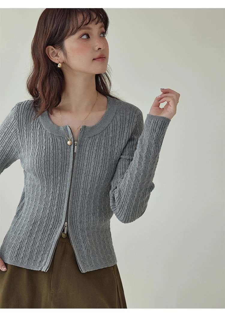 純色麻花雙頭拉鍊針織衫女秋季新款修身純棉上衣