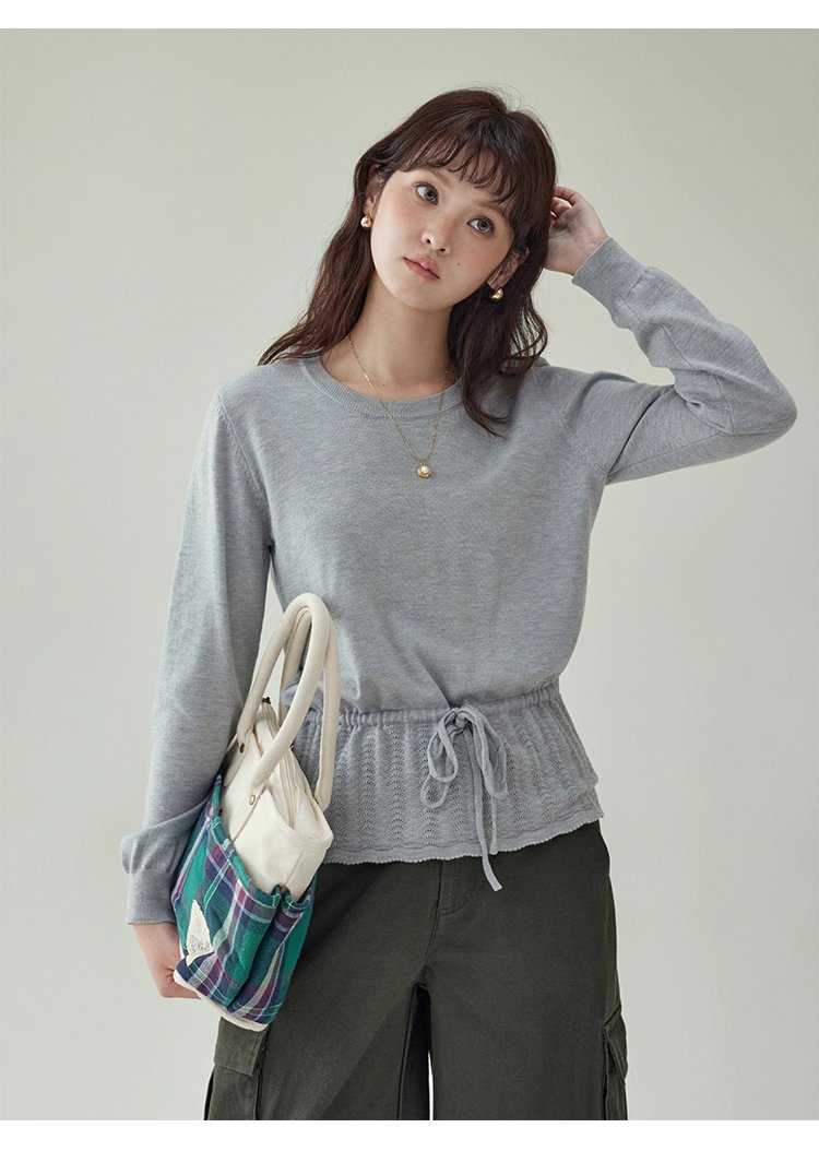 小眾抽繩提花下擺針織衫女秋季新款長袖內搭上衣,小眾抽繩提花下擺針織衫女秋季新款長袖內搭上衣,HBEW1094,小眾抽繩提花下擺針織衫女秋季新款長袖內搭上衣,簡約大方,抽繩衣襬