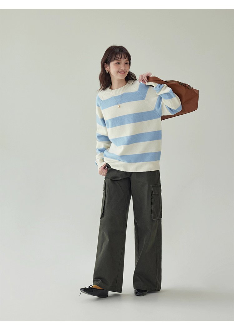 韓國拼色條紋插肩袖毛衣女秋款新款休閒寬鬆上衣