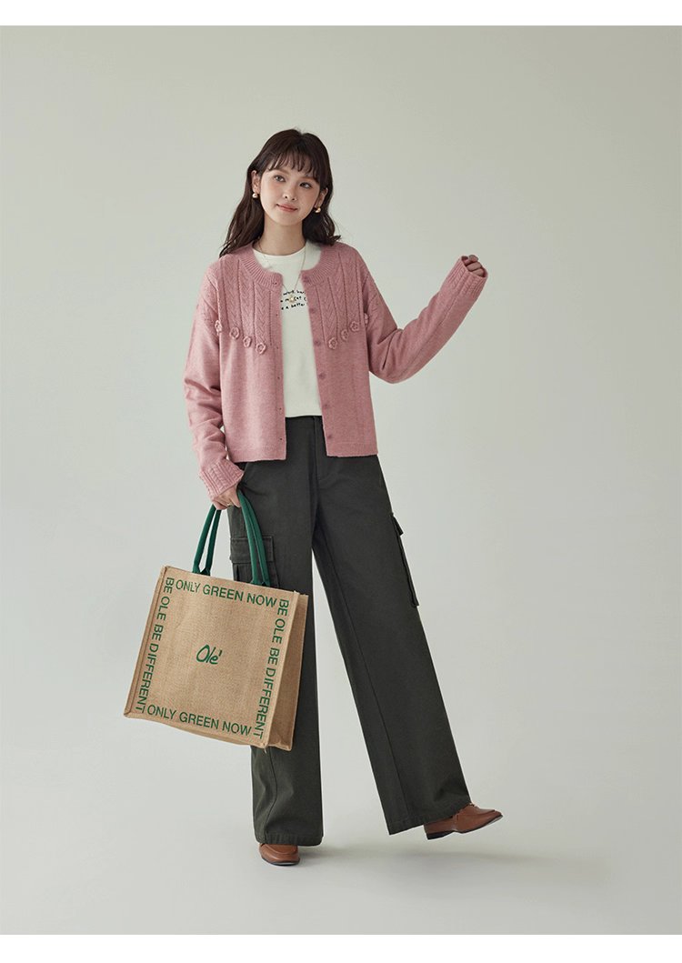 少女感粉紅花朵毛衣開襟女秋季新款寬鬆長袖上衣