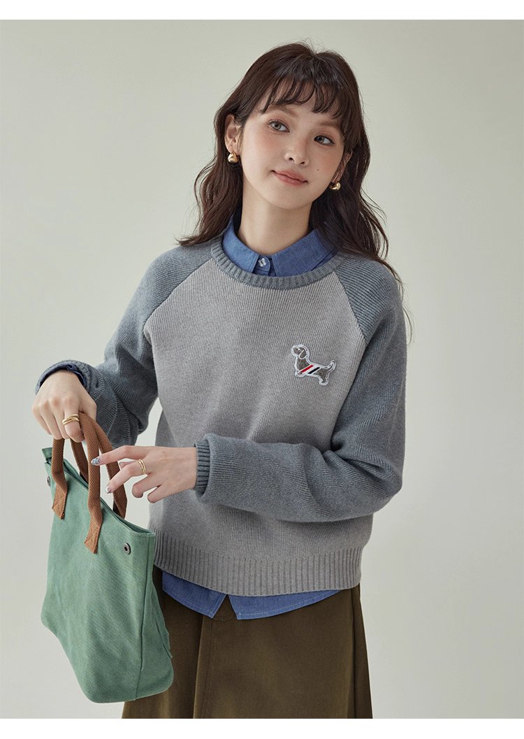 拼色插肩長袖短版針織衫女秋季新款小狗刺繡上衣