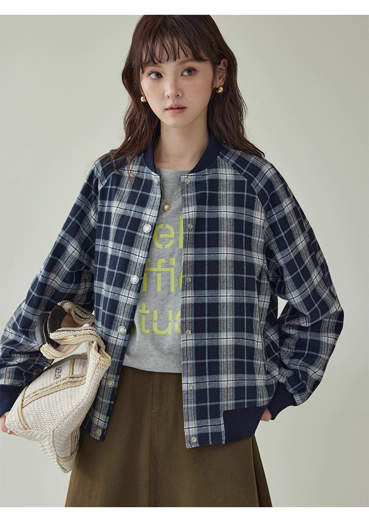 撞色格紋插肩袖摁扣外套女秋季新款長袖外套上衣