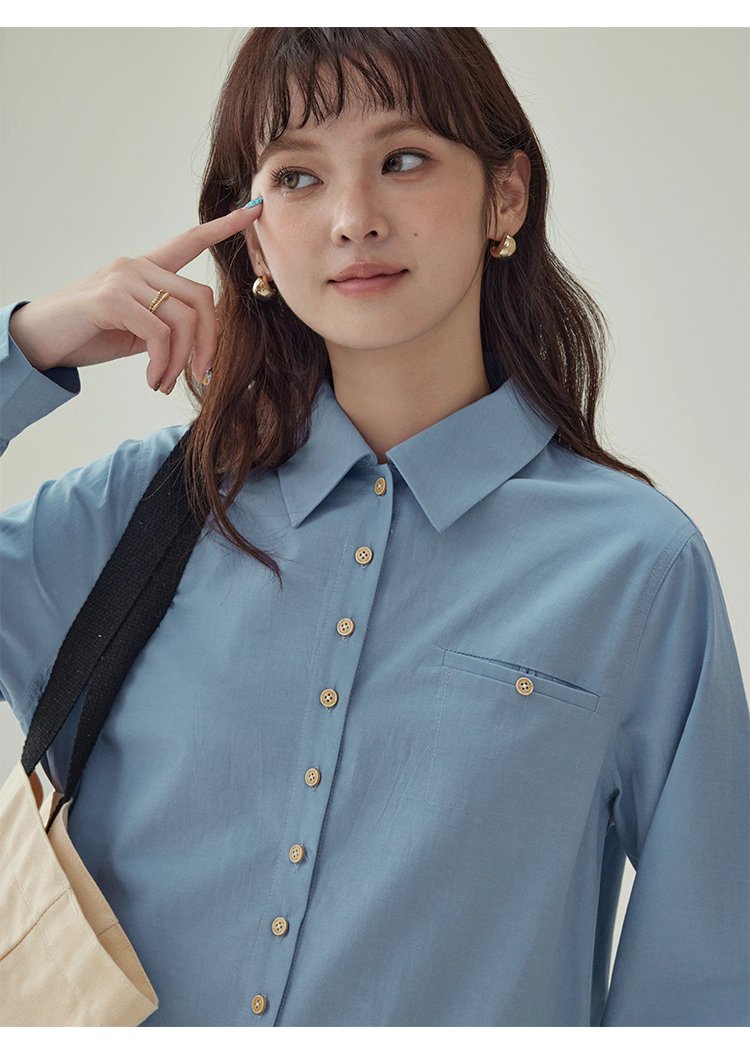 藍色花邊下擺抽繩襯衫女秋季新款單排扣長袖上衣,藍色花邊下擺抽繩襯衫女秋季新款單排扣長袖上衣,HBEW1103,藍色花邊下擺抽繩襯衫女秋季新款單排扣長袖上衣,翻領排扣,天絲混棉