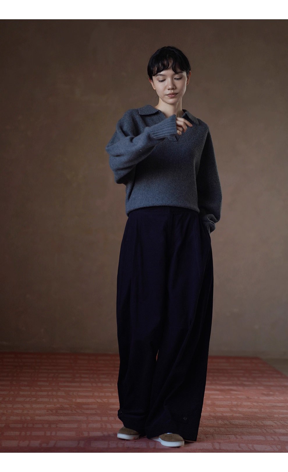 復古柔光細條100棉燈芯絨顯瘦高腰可調式腳口寬鬆長褲女