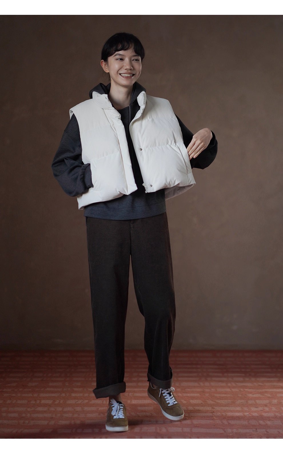 保暖軟糯小泡芙格外套紋肌理寬鬆短款立領夾棉馬甲棉服