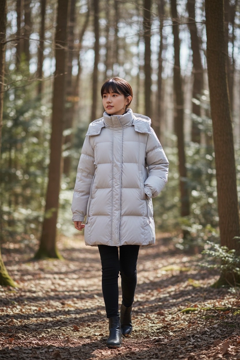 山系少女綿軟感保暖連帽寬鬆0白鴨絨中長羽絨服