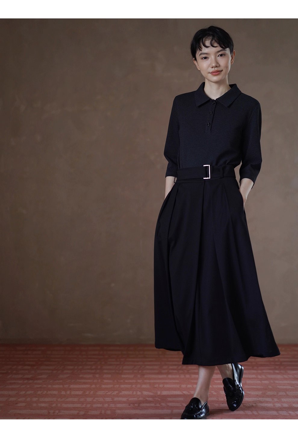 簡約法式高腰中長A字顯瘦通勤不挑人百褶腰帶半身裙女