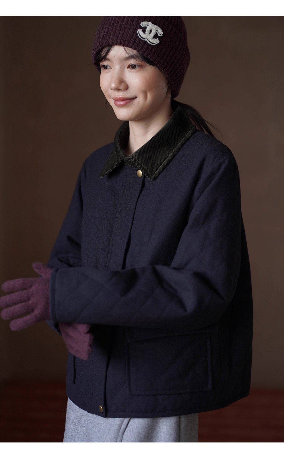 復古英倫配色撞色燈芯絨翻領正肩短款菱形格絎棉外套女