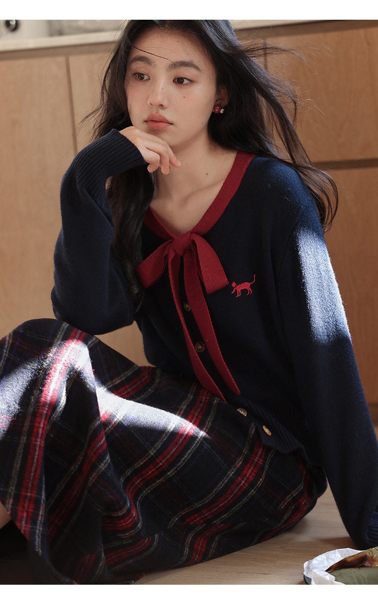 學院小香風蝴蝶結綁帶針織衫女秋冬毛衣