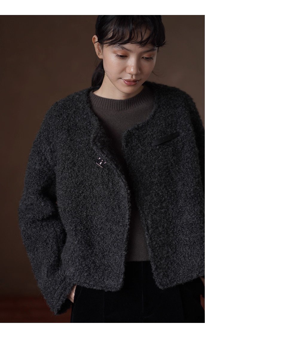 費城外套蓬鬆羊毛圈毛呢料輪廓皮袢圓領通勤顯瘦大衣