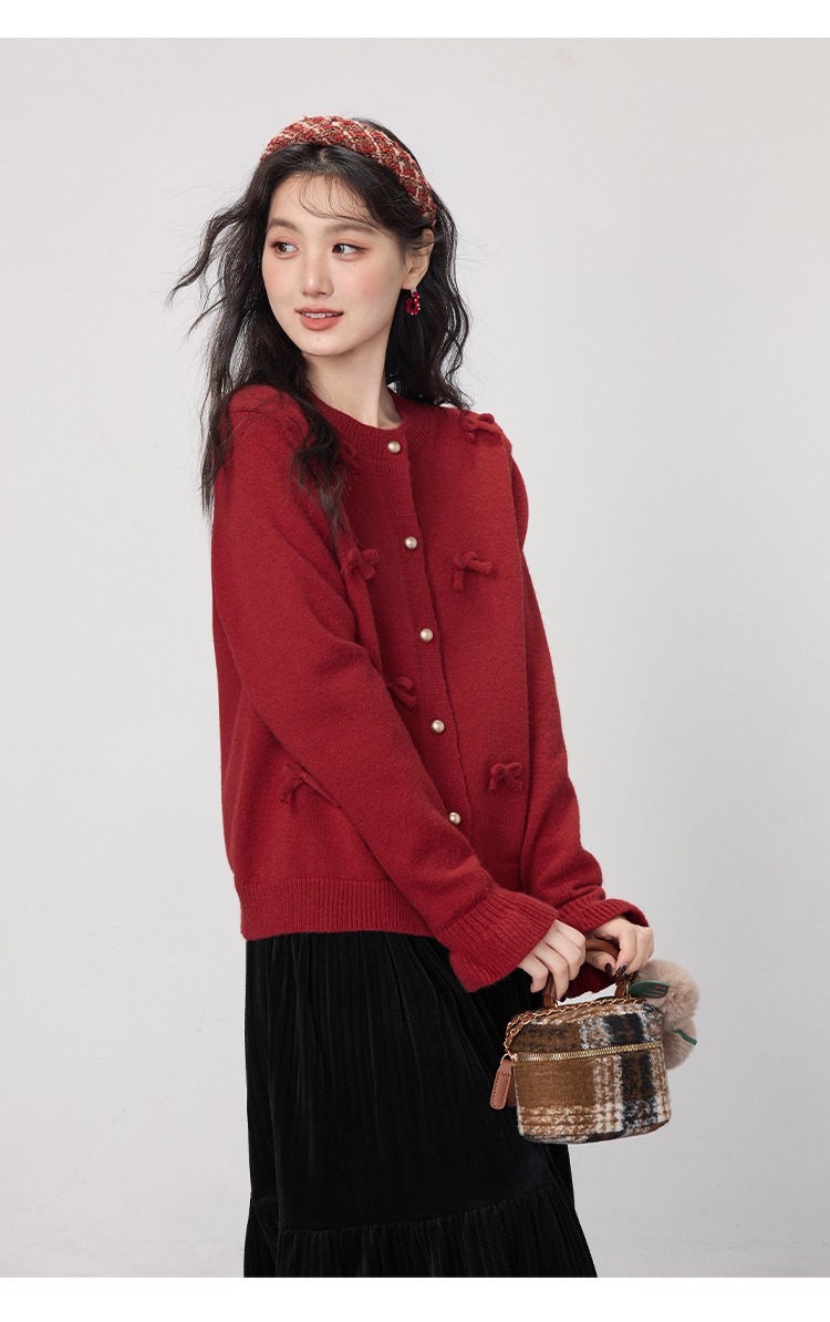 大尺碼胖mm秋冬毛衣開襟外套紅色蝴蝶結針織衫上衣