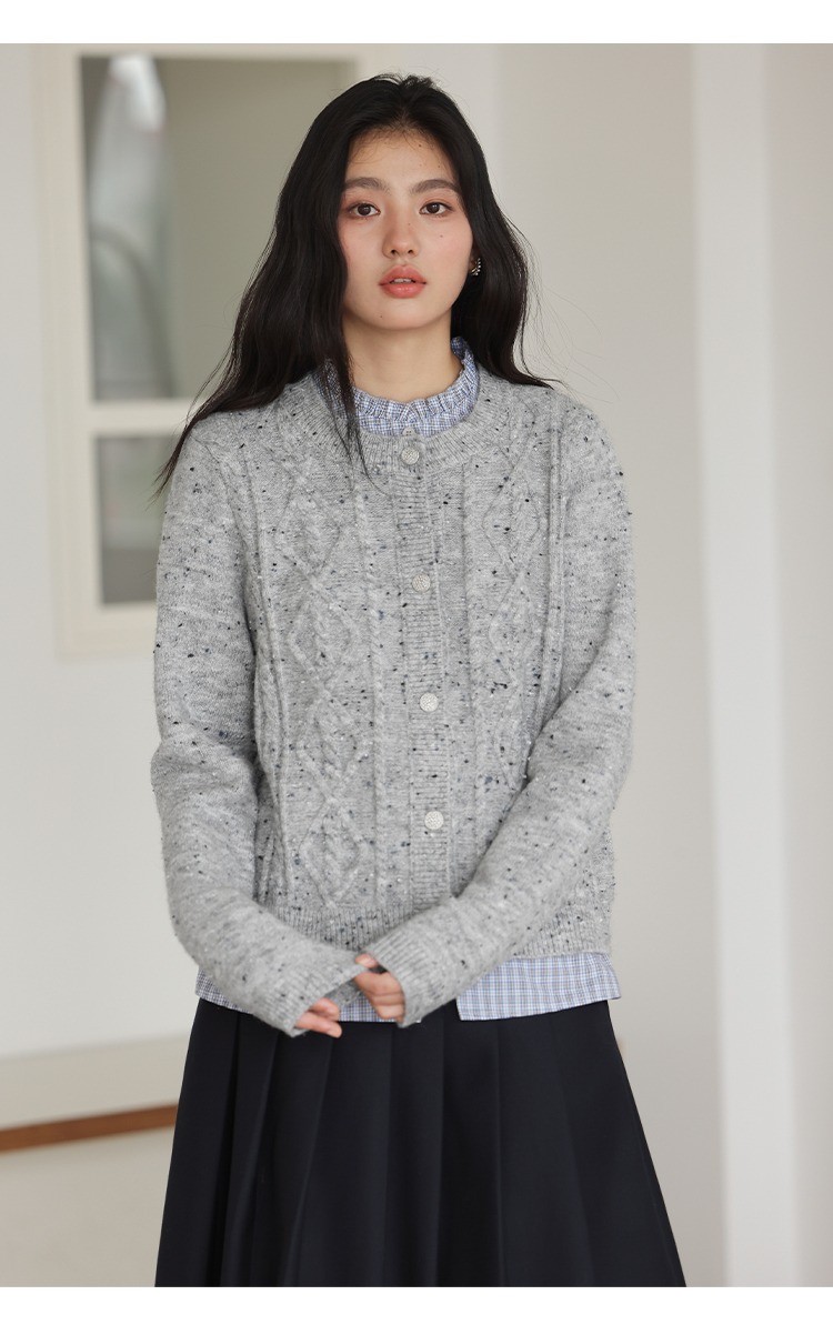 秋冬灰色毛衣開襟衫女拼接格子襯衫假兩件針織衫