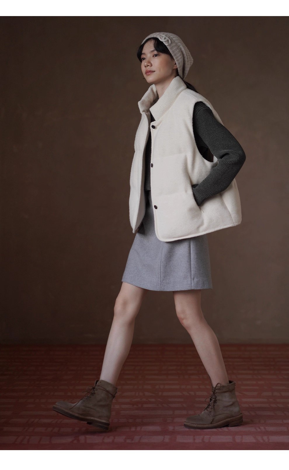 小奶糕自然肌理感綿羊毛混紡寬鬆疊穿簡約立領棉服馬甲