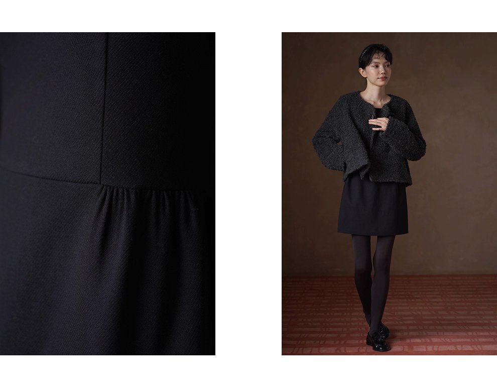 優雅七分袖收腰洋裝微蓬高腰分割顯瘦花苞裙擺小黑裙