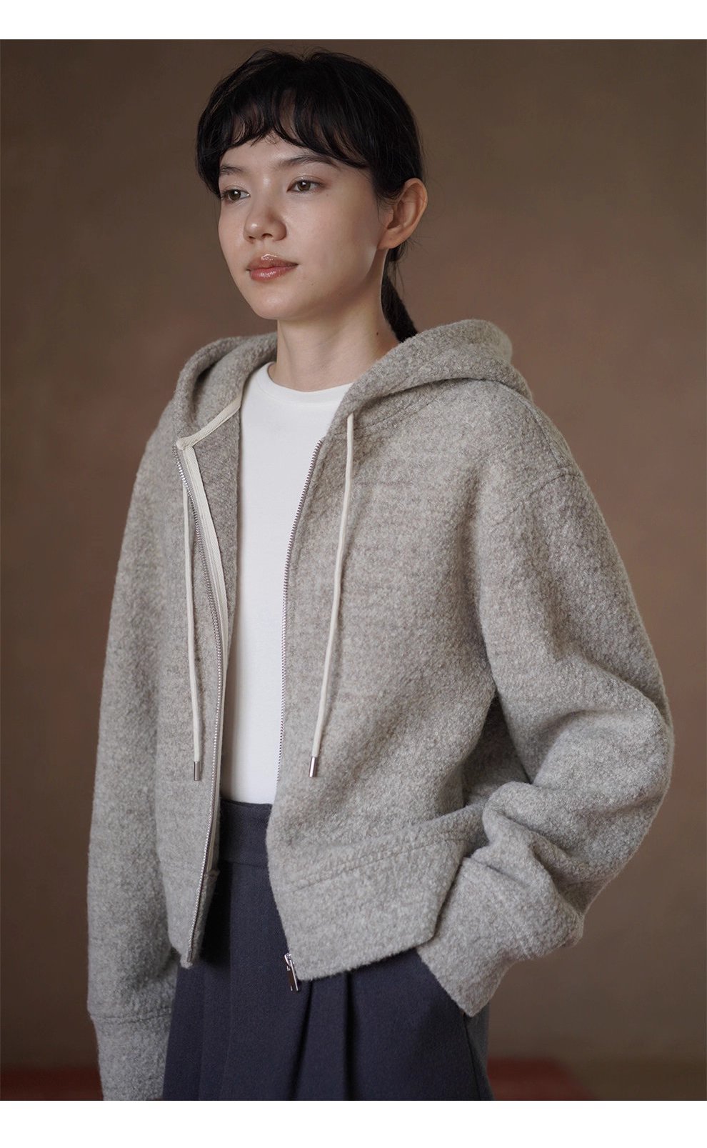 顆粒肌理絨感100綿羊毛輪廓休閒顯瘦連帽衛衣保暖外套女